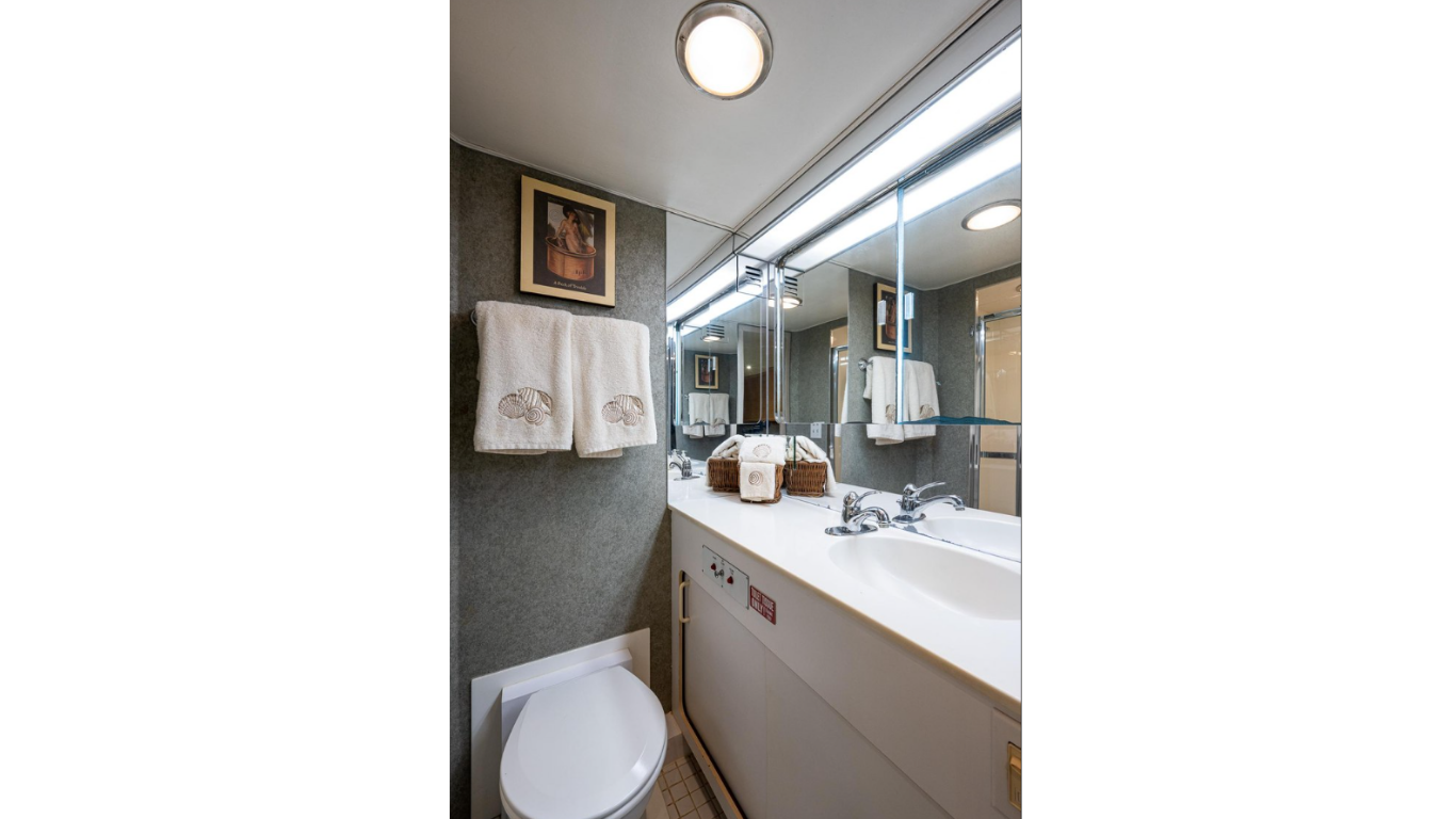 A small bathroom with a white sink, a large mirror, a toilet, two white towels with seashell embroidery, a framed picture on the wall, and a wicker basket on the sink counter.