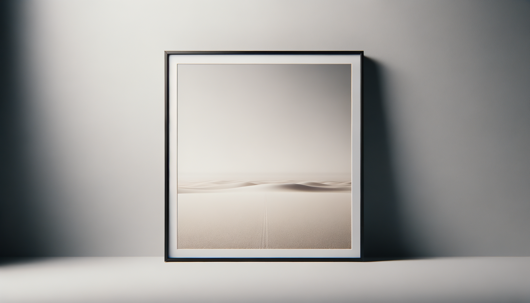 Framed picture of a desert with sand dunes and a clear sky, leaning against a gray wall.