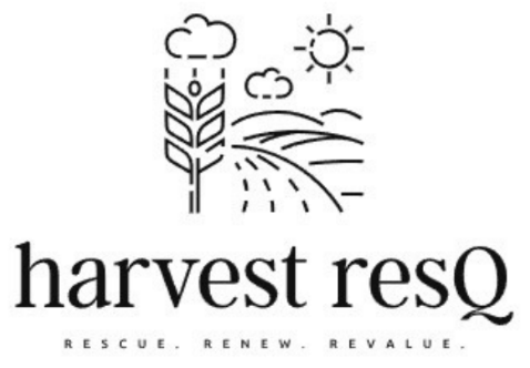 Logo with a wheat stalk, sun, clouds, and fields, with the text 'harvest resq' and the tagline 'Rescue. Renew. Revalue.'