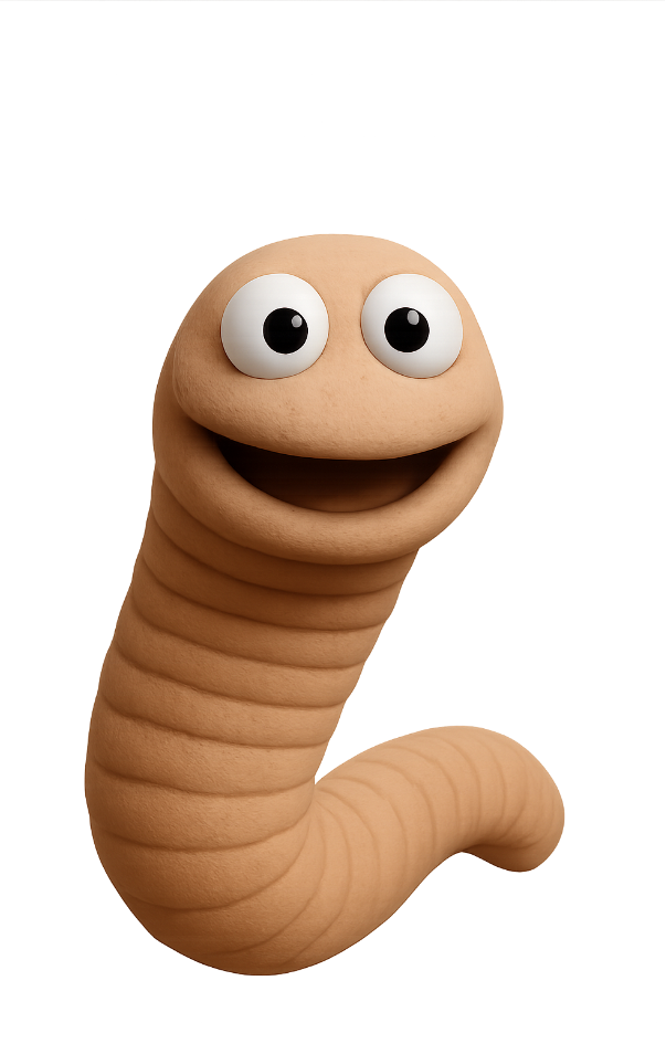 A cartoon worm with a smiling face, large eyes, and a tan body, set against a plain background.