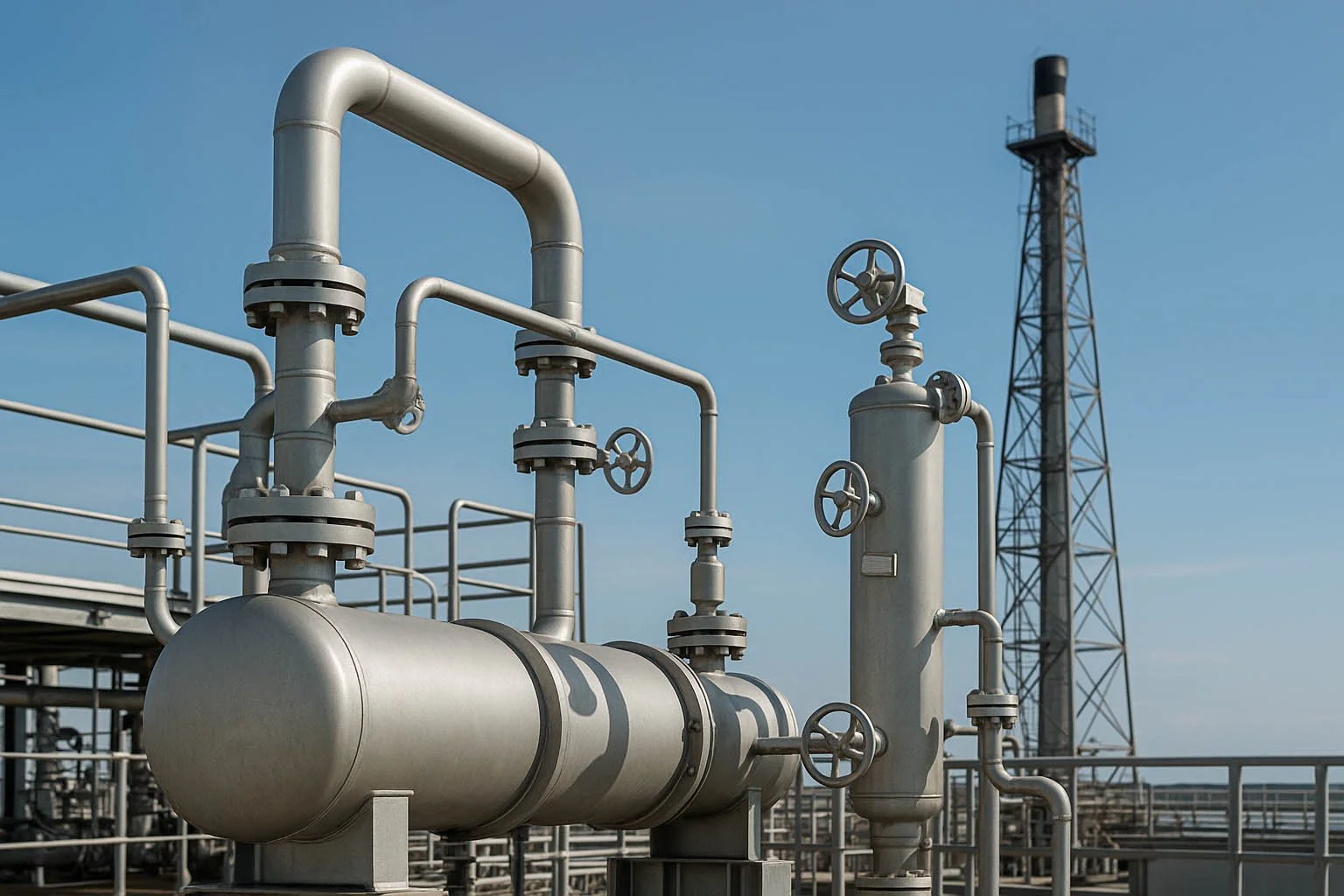 Industrial pipeline system with valves and a tall tower under a clear blue sky.