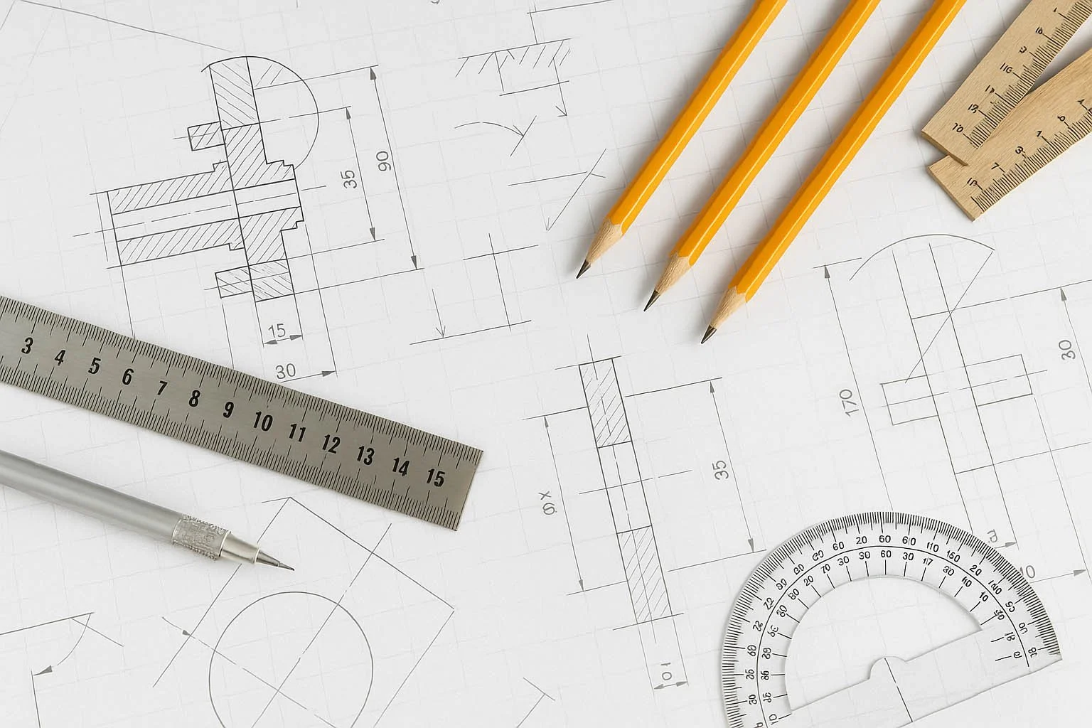 Engineering drawing with technical measurements, three yellow pencils, a metal ruler, a wooden ruler, a transparent pen, and a protractor on white graph paper.