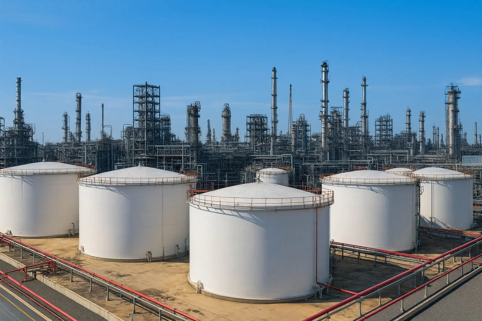 Large white storage tanks in front of an industrial refinery with numerous pipes and towers under a clear blue sky.