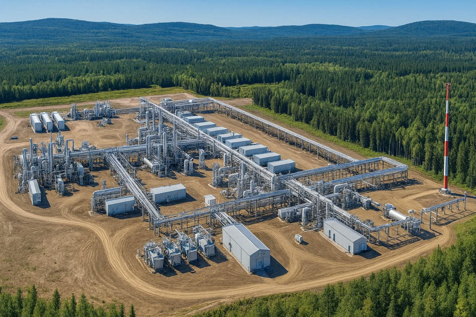 An aerial view of a large industrial facility with extensive piping and equipment, surrounded by green forests and hills.