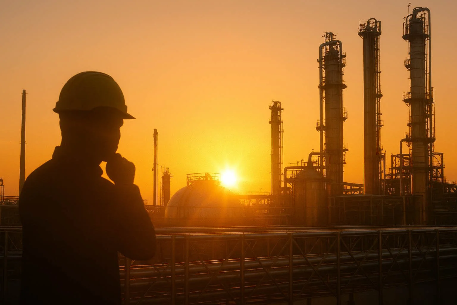 Silhouette of a worker with a helmet, standing in front of an oil refinery at sunset.