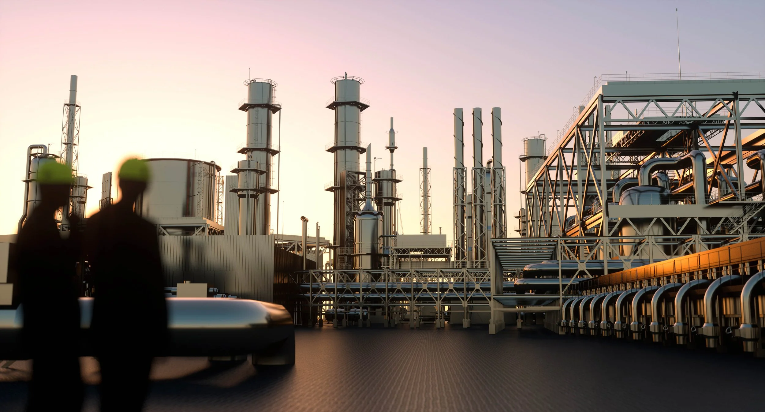 Silhouettes of two workers with safety helmets at an industrial plant with machinery and pipelines at sunset.