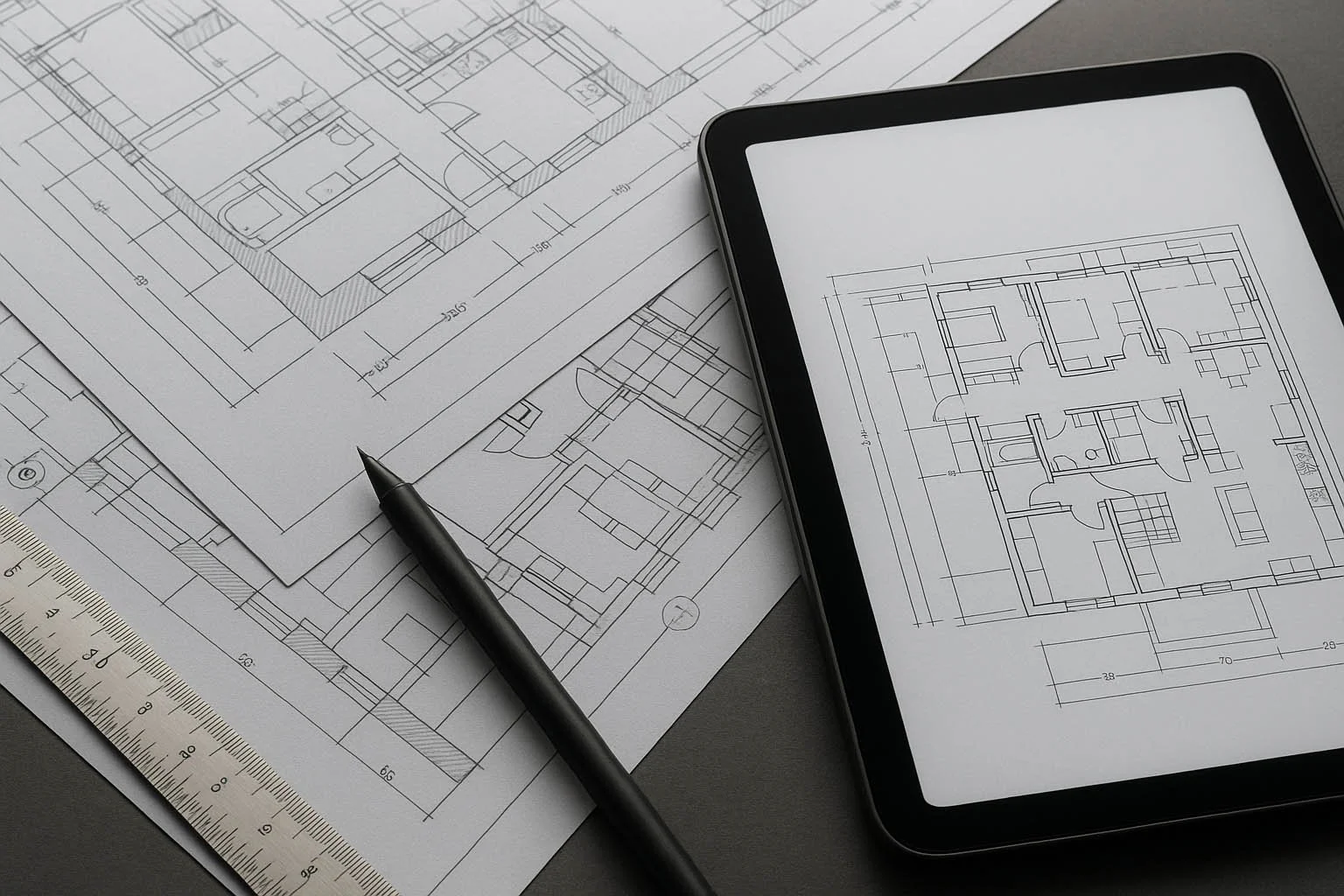 Architectural blueprints, a pen, and a tablet displaying floor plans on a gray surface.