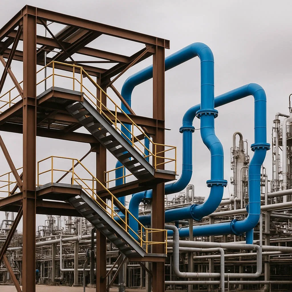 Industrial oil refinery with large blue pipelines, metal staircases, platforms, and yellow safety railings.
