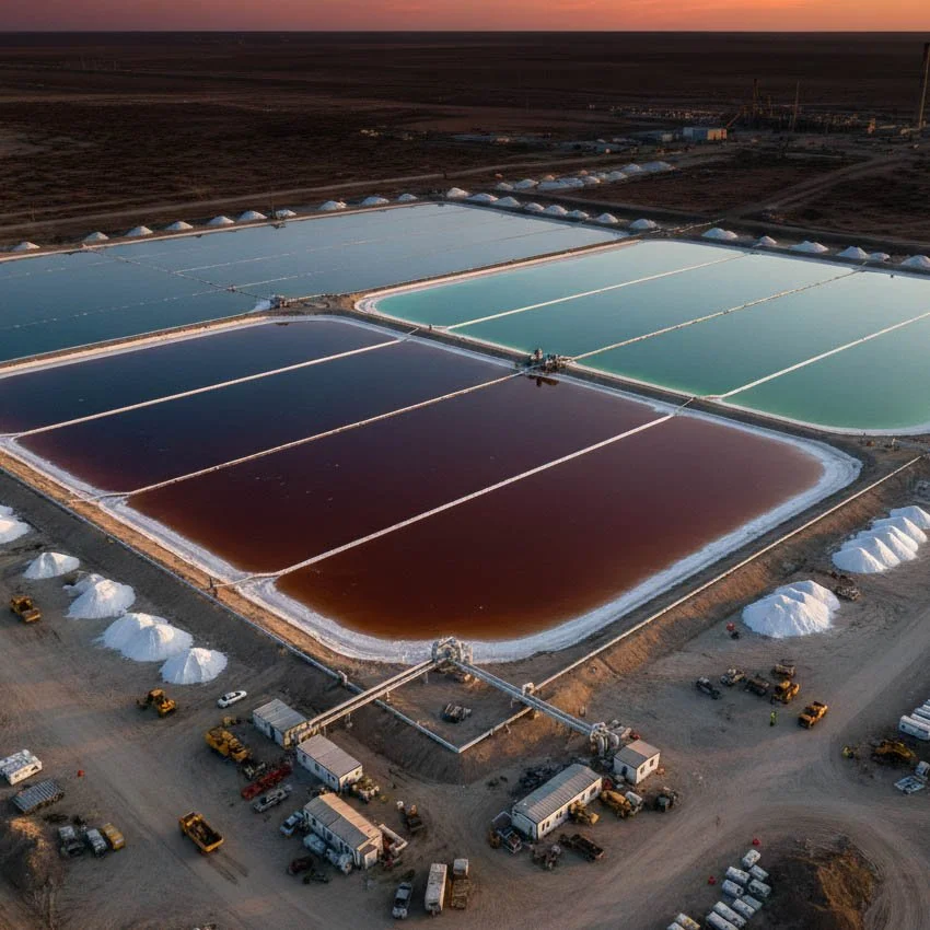 An aerial view of a salt evaporation pond with four large rectangular sections filled with different colored water, ranging from dark to light green and blue, in a flat, arid landscape during sunset.
