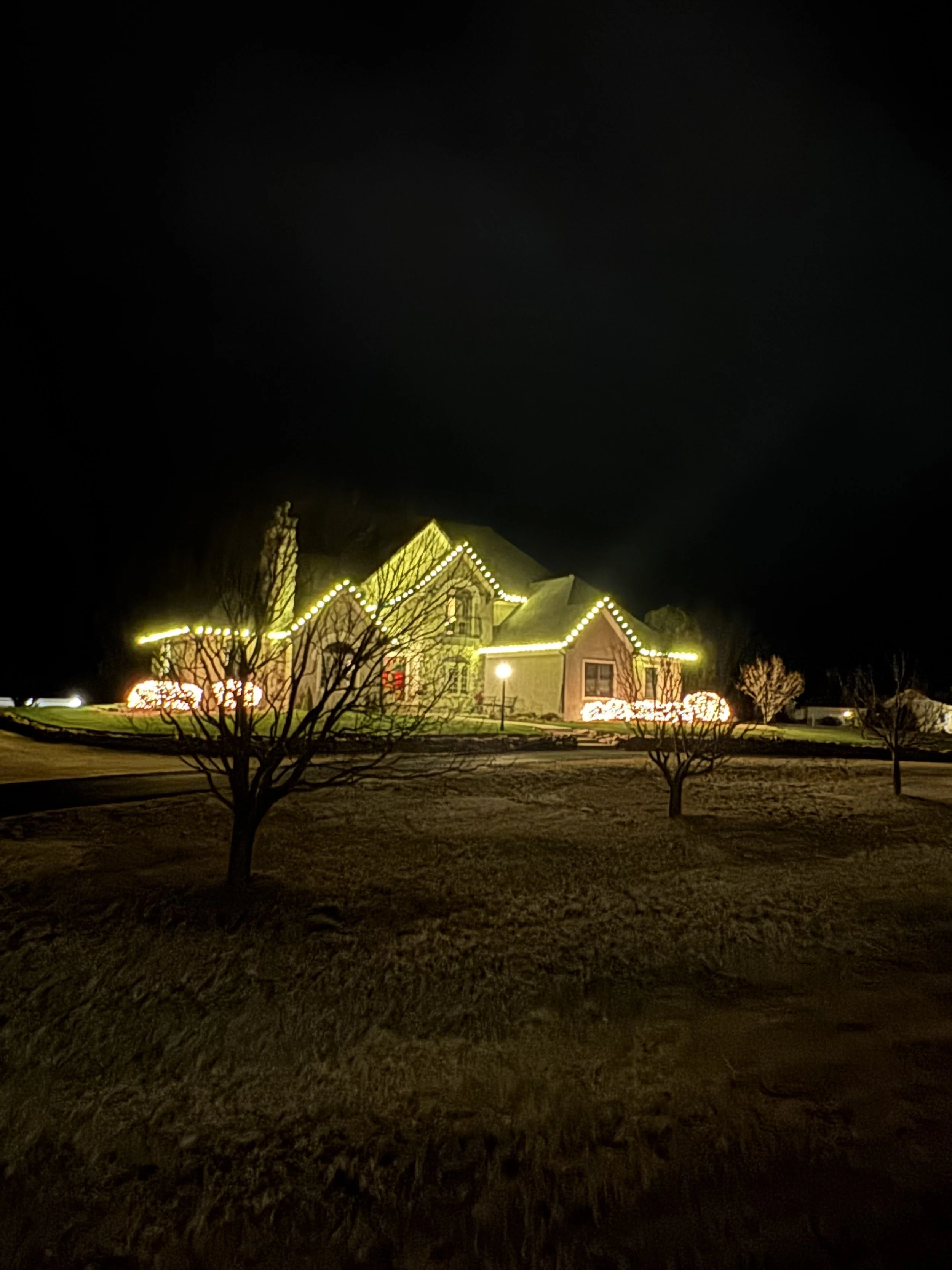 A house decorated with Christmas lights at night, with trees and bushes illuminated, and a dark sky overhead.