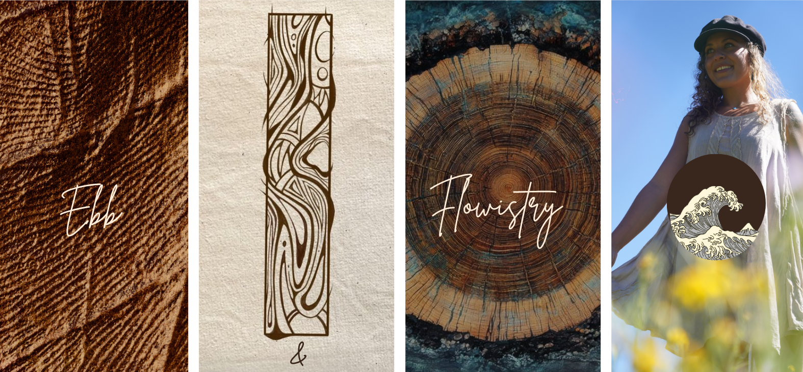 Collage of four images. The first shows a close-up of a textured wooden surface with the word "Ebb" written over it. The second depicts a long, narrow piece of wood with intricate woodgrain patterns on a textured beige background. The third displays a cross-section of a tree trunk with growth rings and the word "Flowistry" written across it. The fourth features a woman smiling outdoors under a clear blue sky, wearing a hat and a sleeveless dress, with a circular logo of a stylized ocean wave superimposed in front of her.
