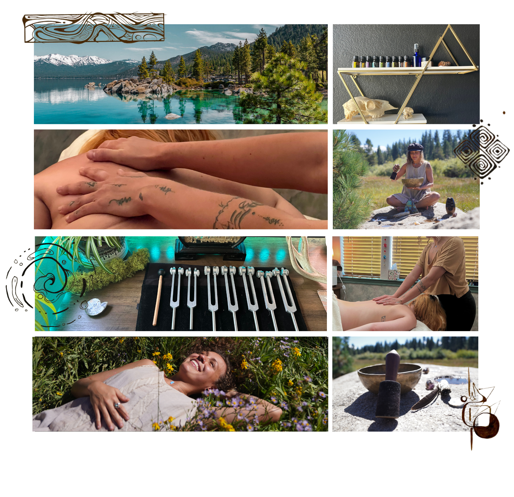 Collection of images depicting nature scenes, meditation, aromatherapy, and relaxation activities, including a mountain lake, a woman doing yoga outdoors, someone receiving a massage, and various natural and spiritual elements.
