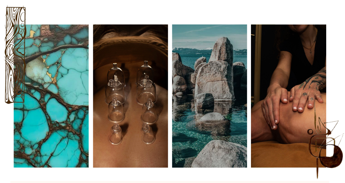 A collage of four images: turquoise marble pattern, a massage therapy scene with glass cups, a rocky shoreline with large boulders, and a person receiving a massage.