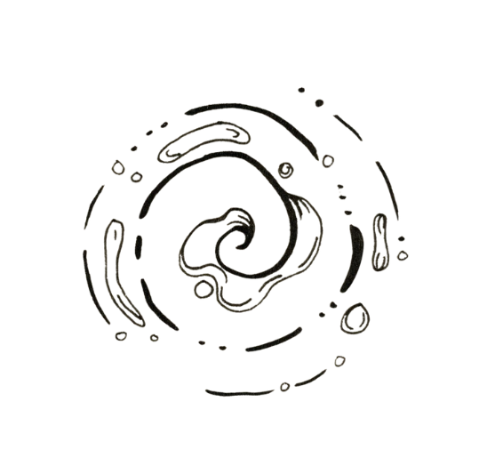 A black-and-white, stylized drawing of a galaxy with swirling patterns and scattered stars.