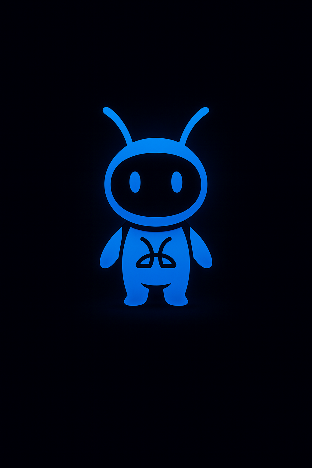 Dibujo estilo caricatura de un personaje de robot con antenas, cuerpo pequeño y brillante en color azul.