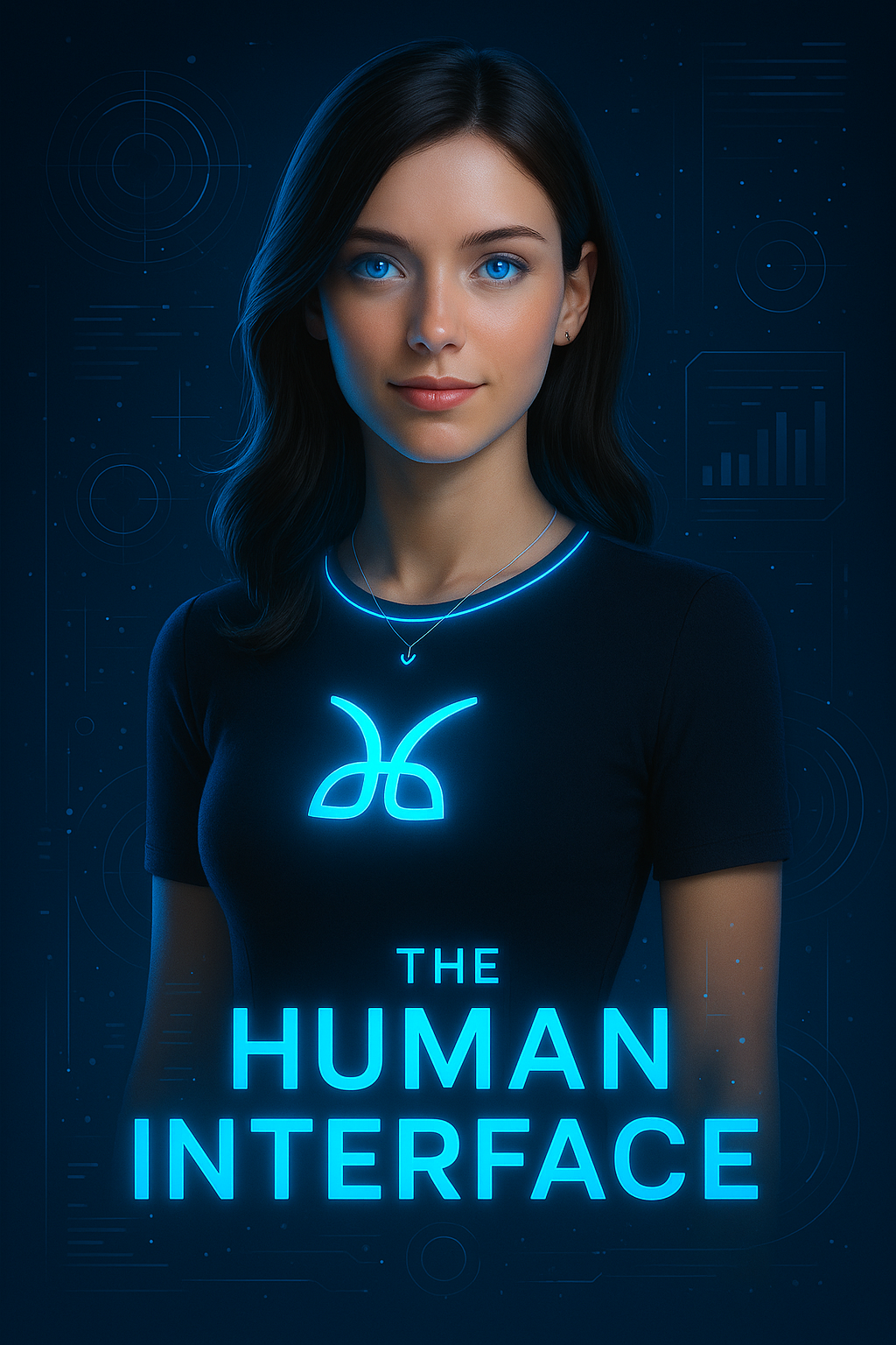 Mujer joven con cabello oscuro y ojos azules, vestida con camiseta negra y un collar luminiscente en forma de símbolo, rodeada de gráficos digitales y texto que dice 'La interfaz humana'.