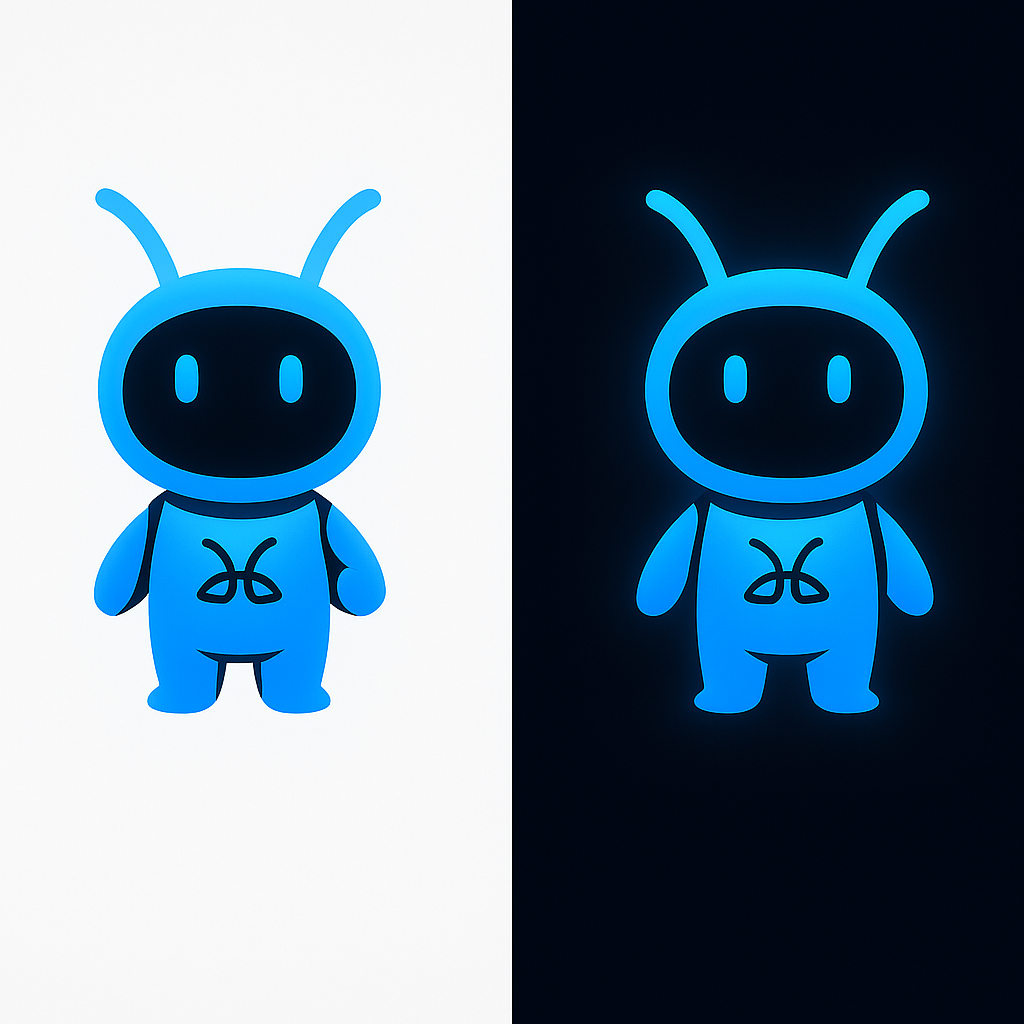 Logo del cerdo alienígena en fondo claro y oscuro, de color azul fluorescente.