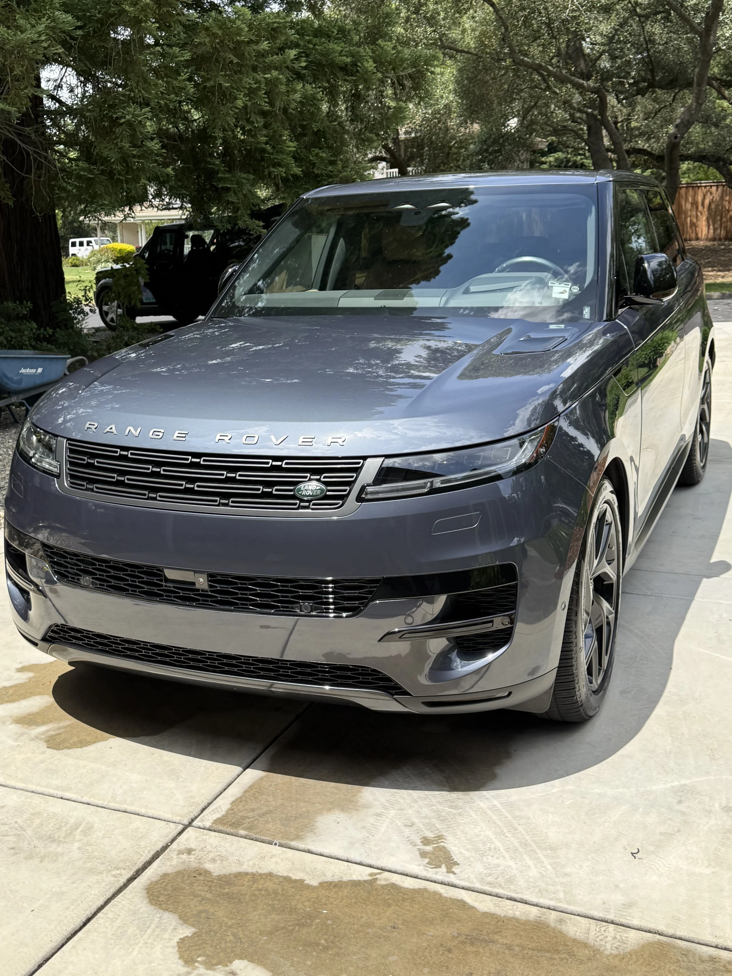 Gray Range Rover parked on a driveway next to a large tree with dense foliage, shadows from the tree reflecting on the car.