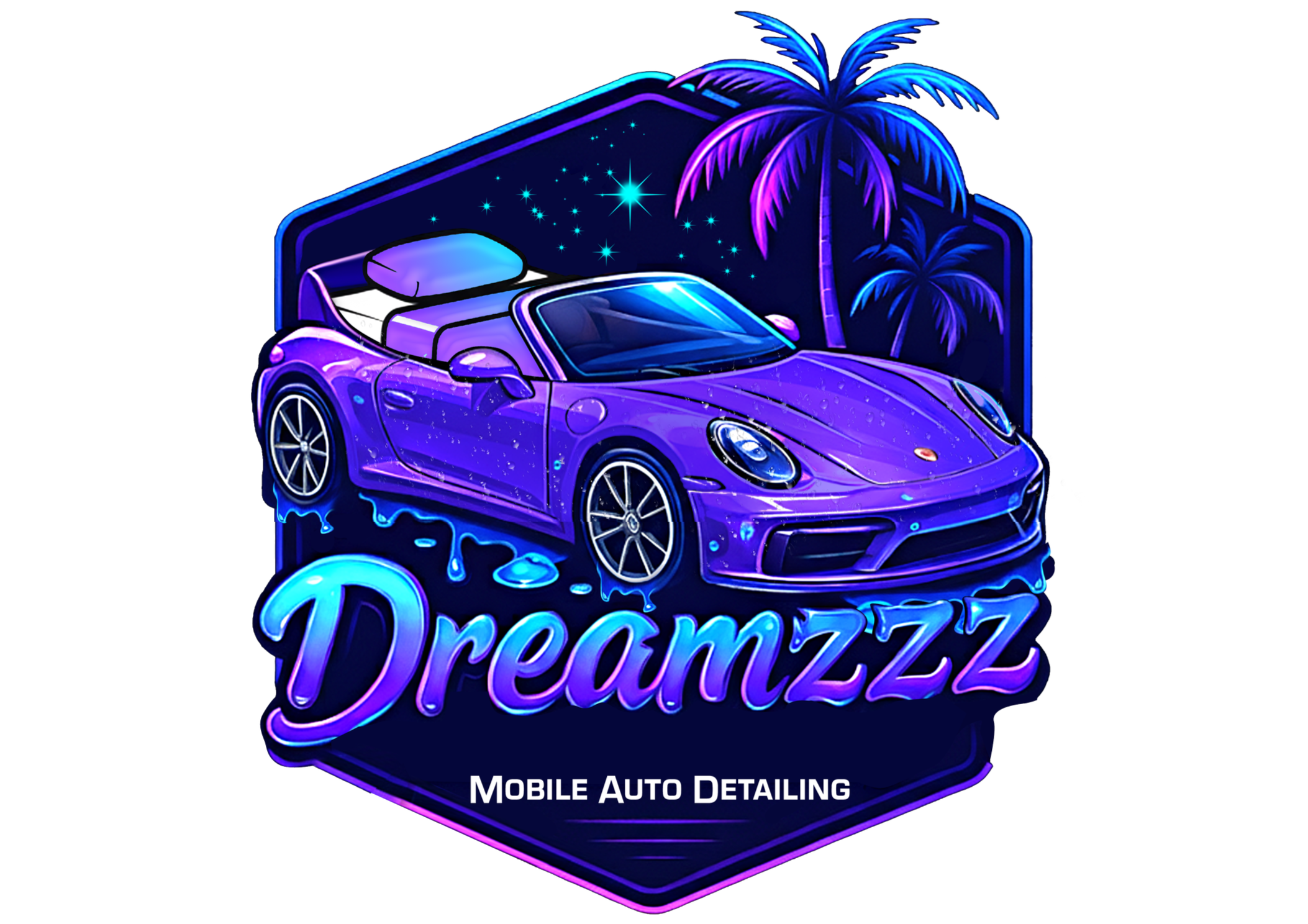 Neon-style logo for Dreamzz Mobile Auto Detailing featuring a purple sports car, palm trees, stars, and glowing text.