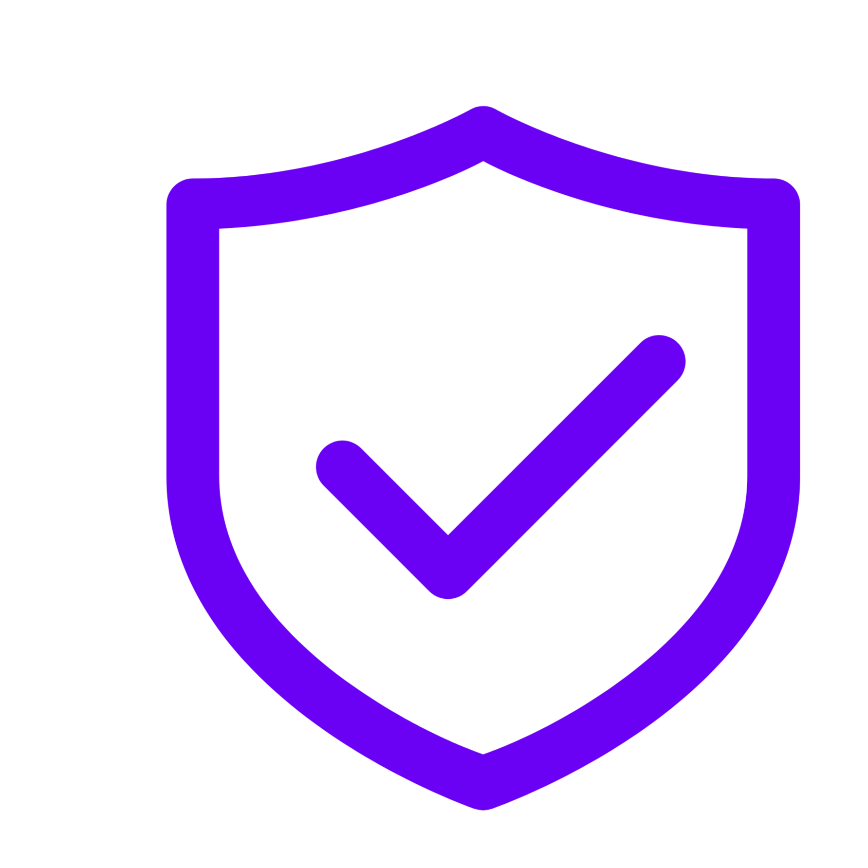 A purple holographic icon of a shield with a checkmark inside, representing security or protection.