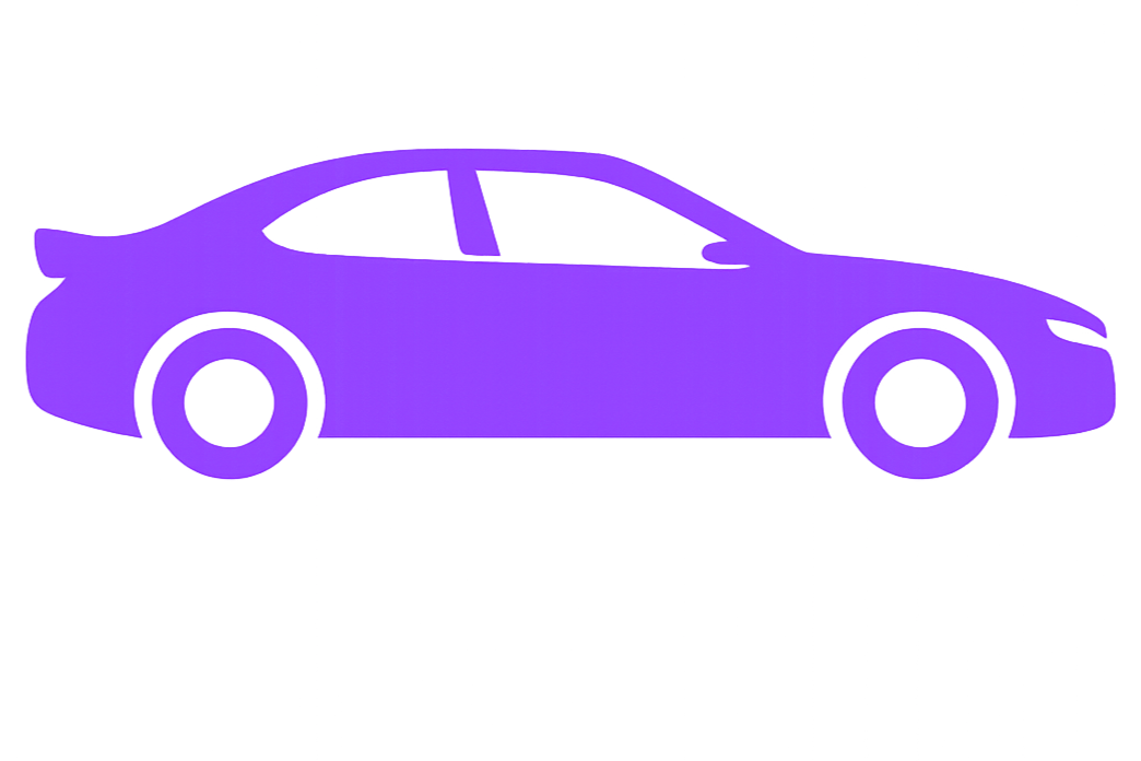 A stylized, neon purple outline of a car with a sleek, modern design, set against a dark background with purple light accents.