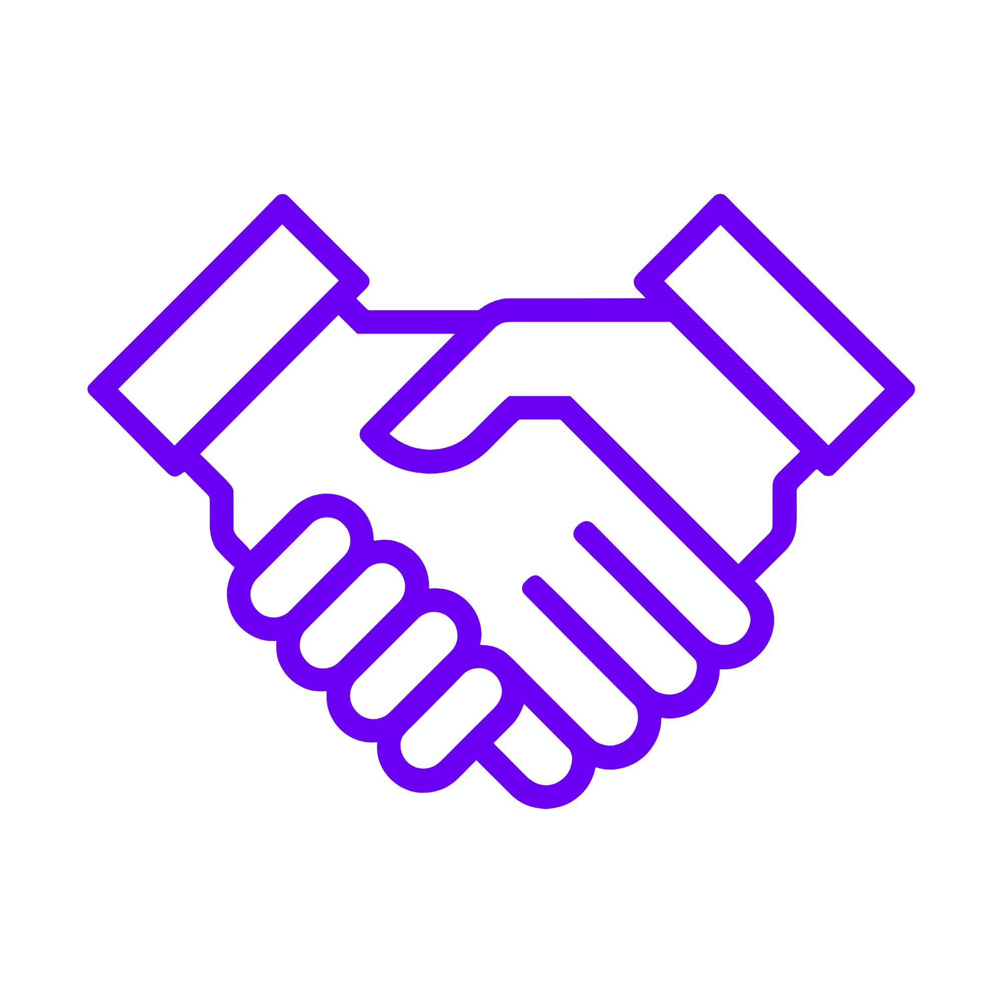 A neon outline of a handshake with purple and blue gradient colors.