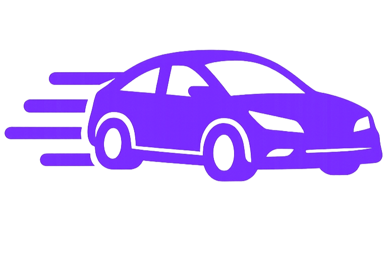 A purple icon of a moving car with speed lines behind it, symbolizing fast transportation.