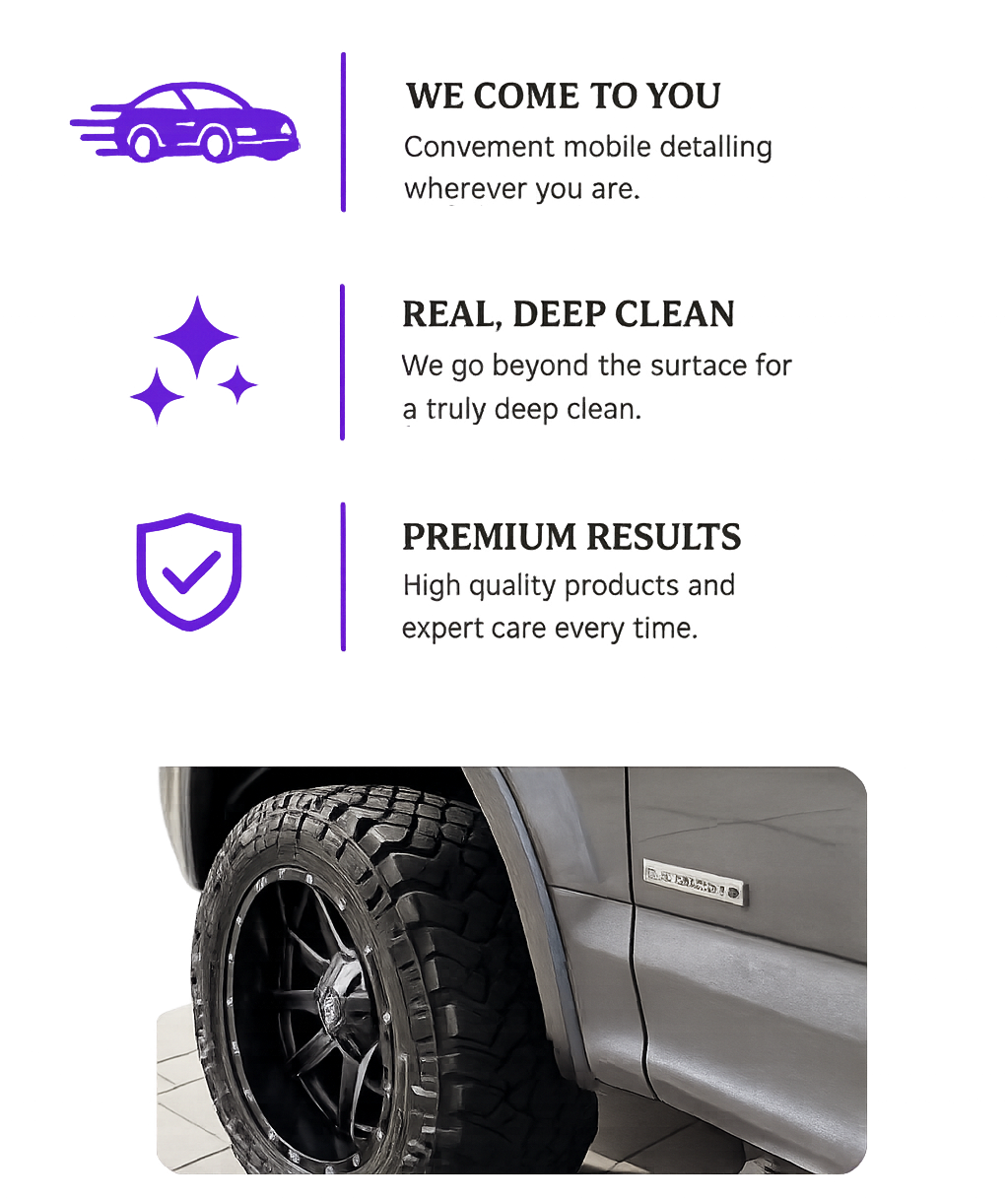 An infographic promoting a car detailing service with a purple car illustration, icons of stars and a shield, and text about convenience, deep cleaning, and high-quality results. The lower part is a photo of a silver vehicle's tire and side panel.