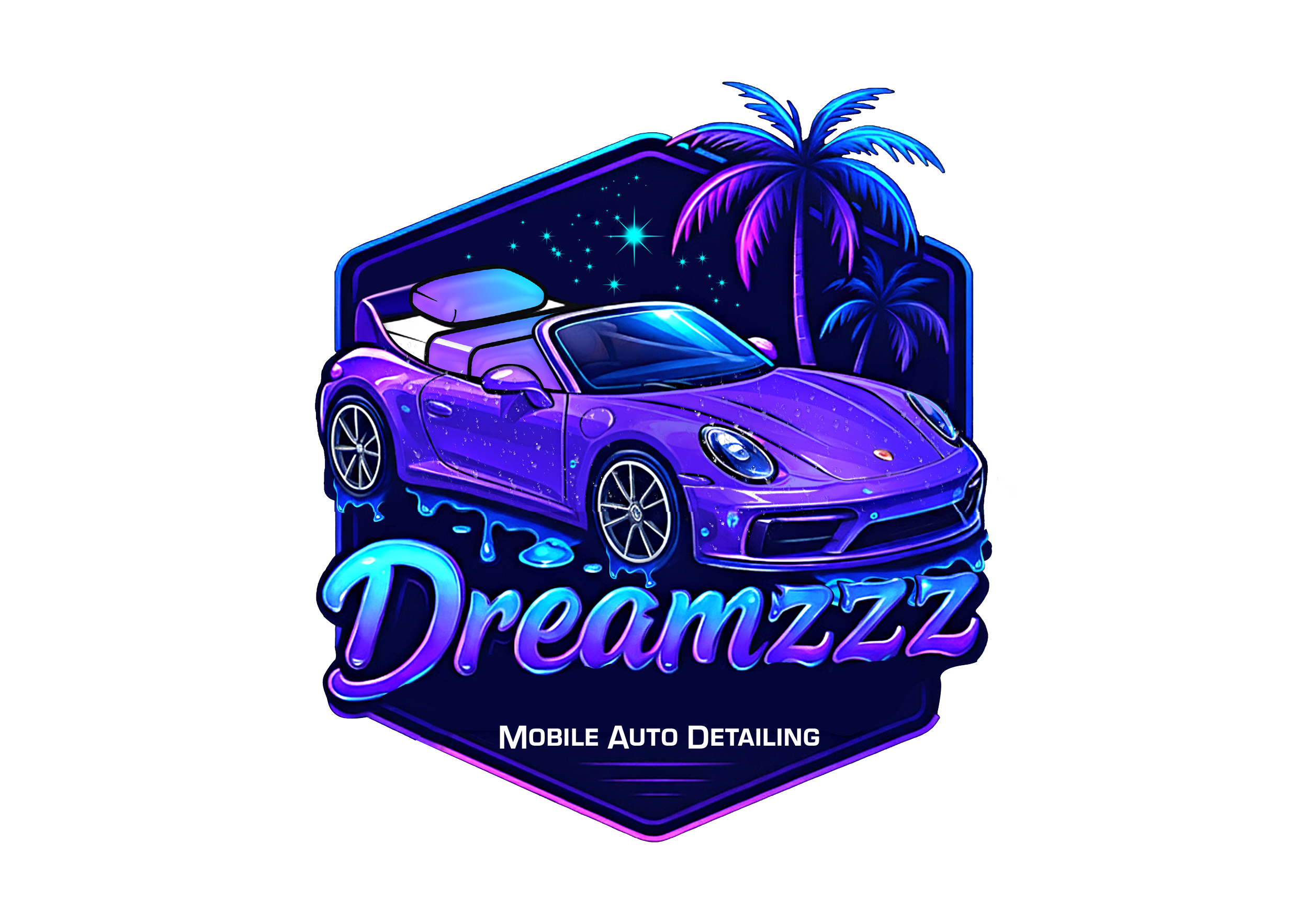 A neon-style graphic of a purple sports car with a convertible top, set against a backdrop of palm trees and a starry night sky, with the text 'Dreamzzz' and 'Mobile Auto Detailing' at the bottom.