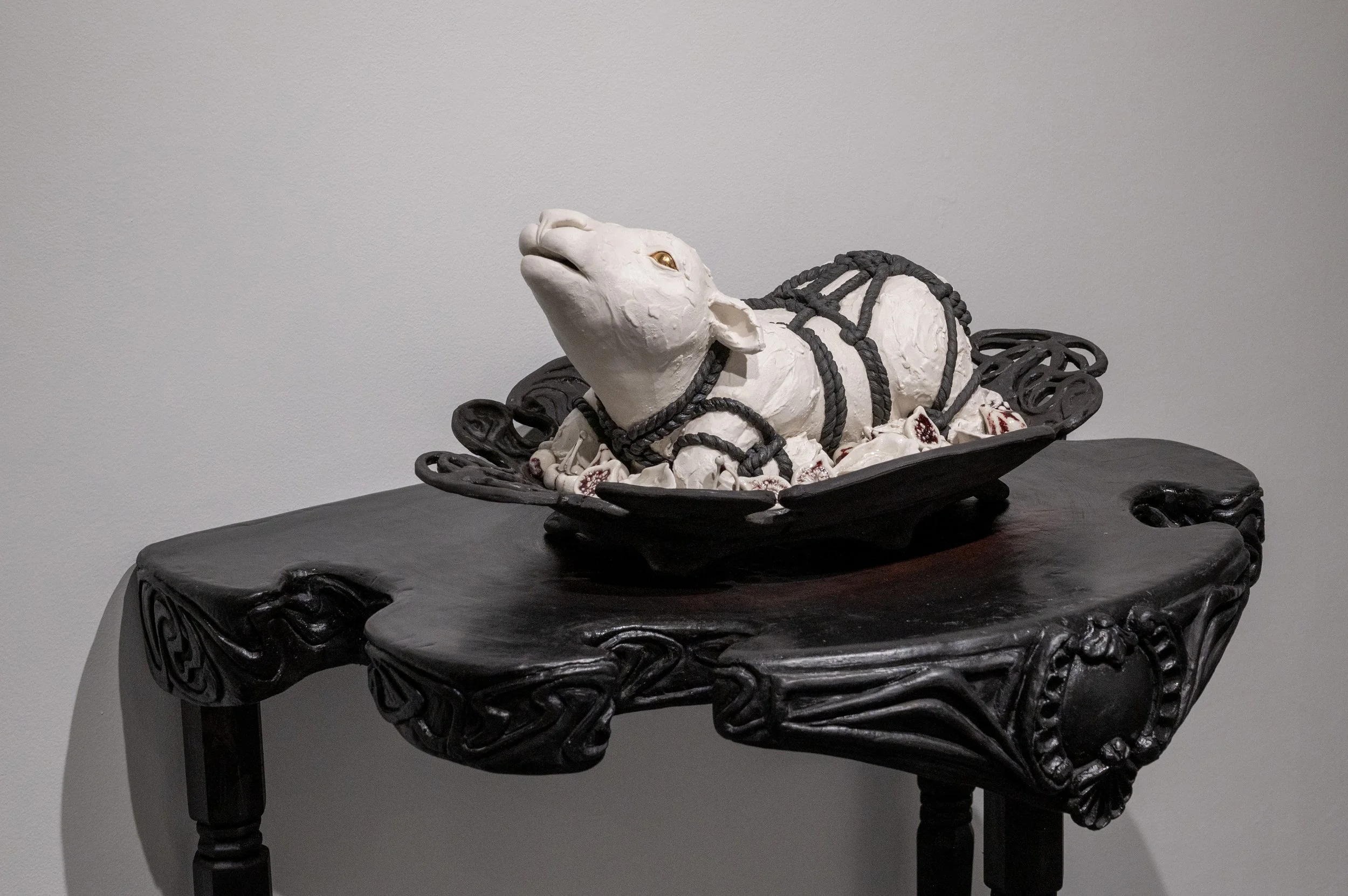 “Feast for the Taking”
2022-23. Stoneware, Cone10 Porcelain, Glaze, Luster, Mason Stain, Stain, Wood.
Photo by: Hans Hallinen