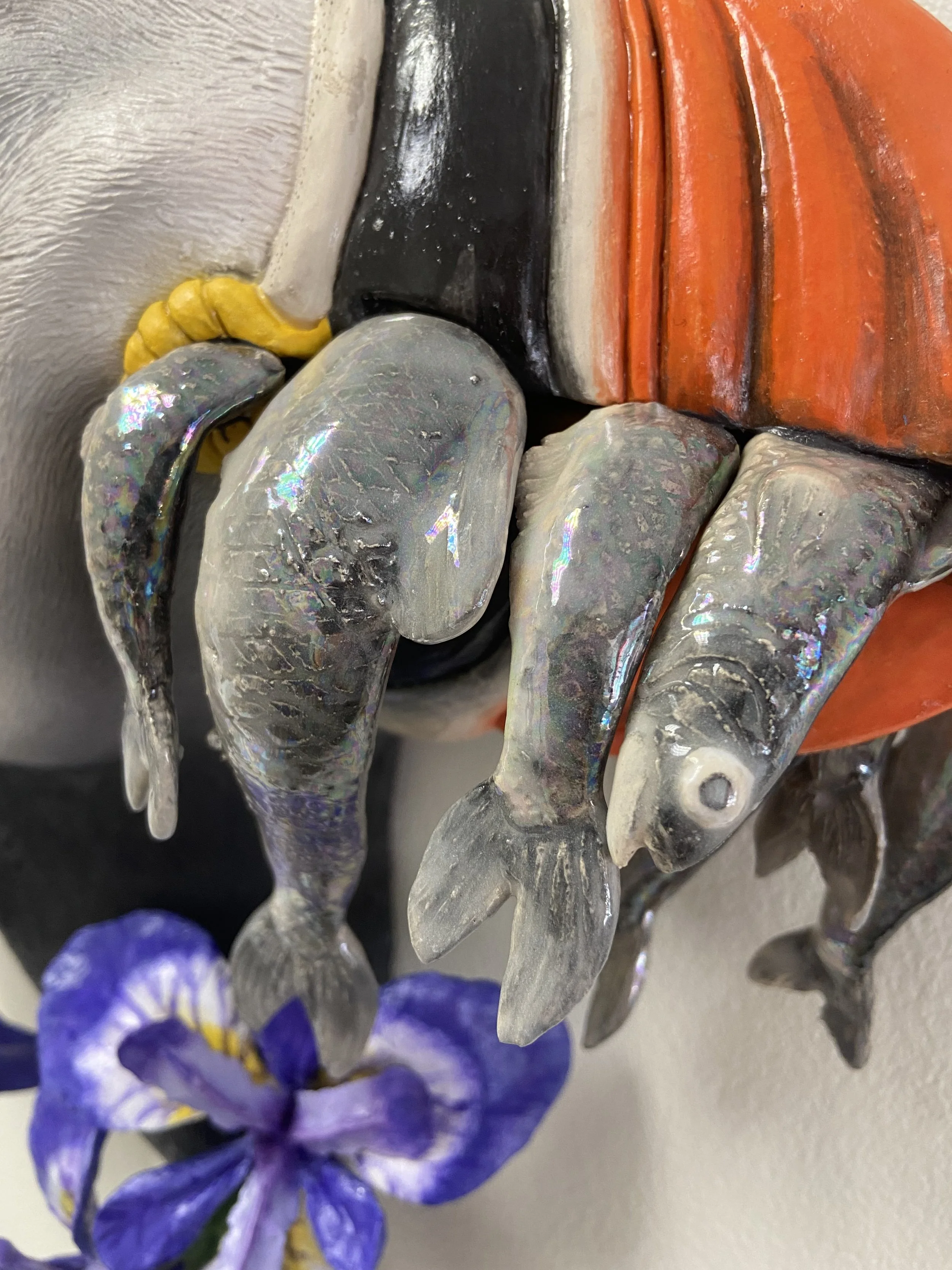 "Herring, Anyone?"
2021
Stoneware, Glaze, Underglaze, Mason Stain, Luster, Arcylic, Wire