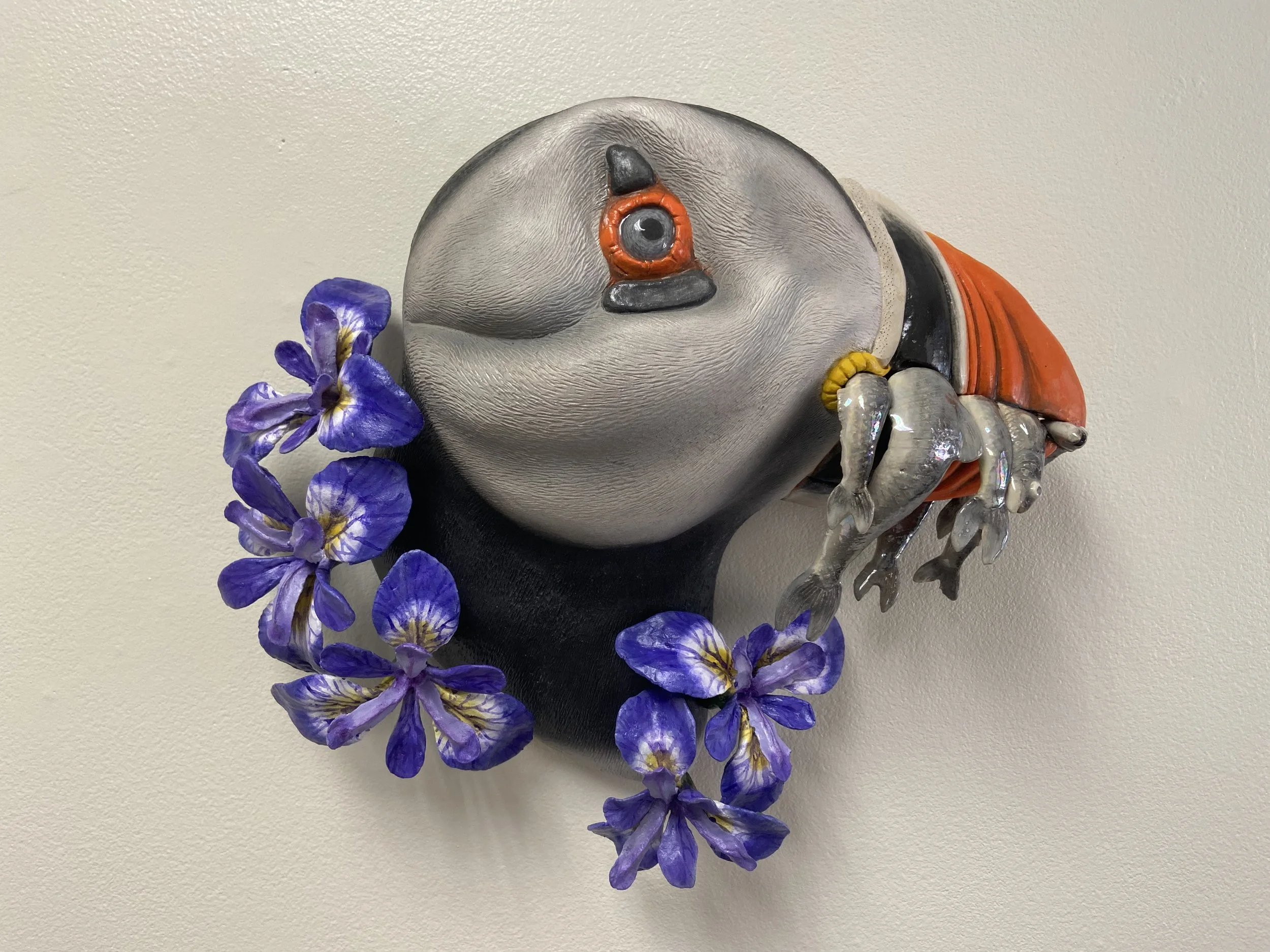 "Herring, Anyone?"
2021
Stoneware, Glaze, Underglaze, Mason Stain, Luster, Arcylic, Wire