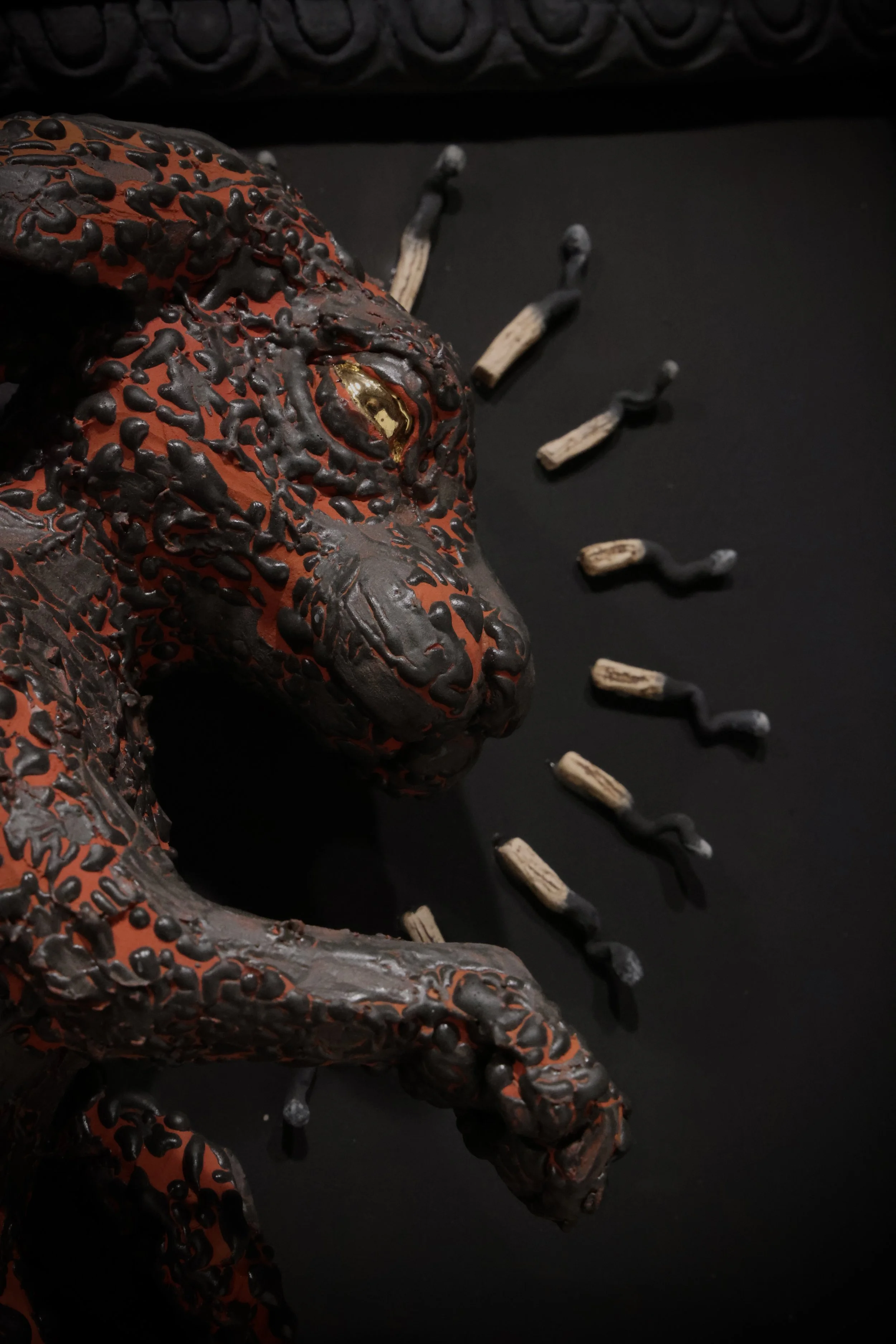 “The Impending Extinguishment”
2022. Stoneware, Glaze, Mason Stain, Luster, MDF, Paint.
Photo by: Hans Hallinen