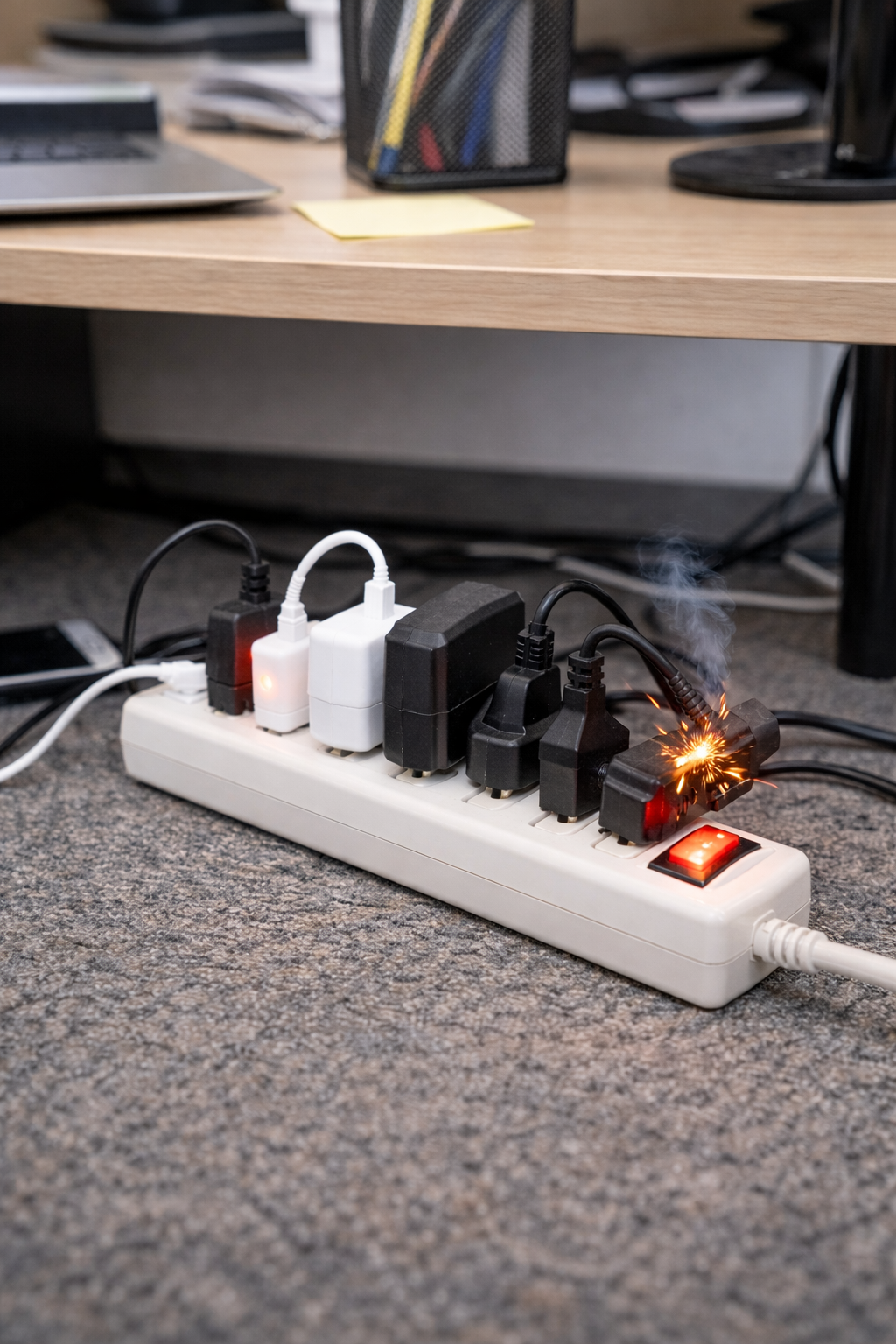 An electrical power strip with multiple cords plugged in; one cord is sparking and smoking.