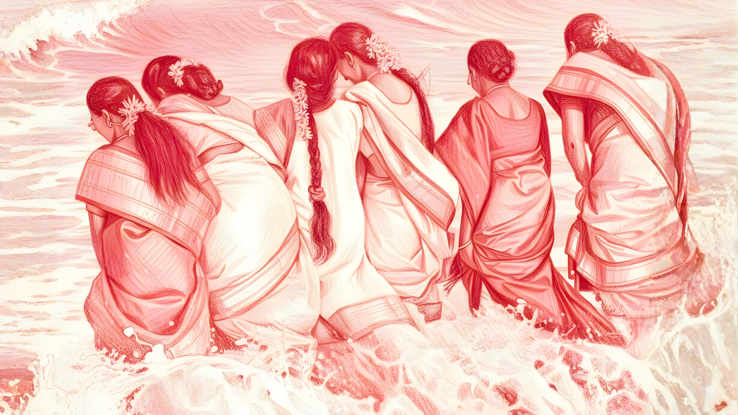 A delicate, monochromatic drawing depicts a group of women in saris wading into the ocean, their backs to the viewer, creating a sense of serenity and communal experience.
