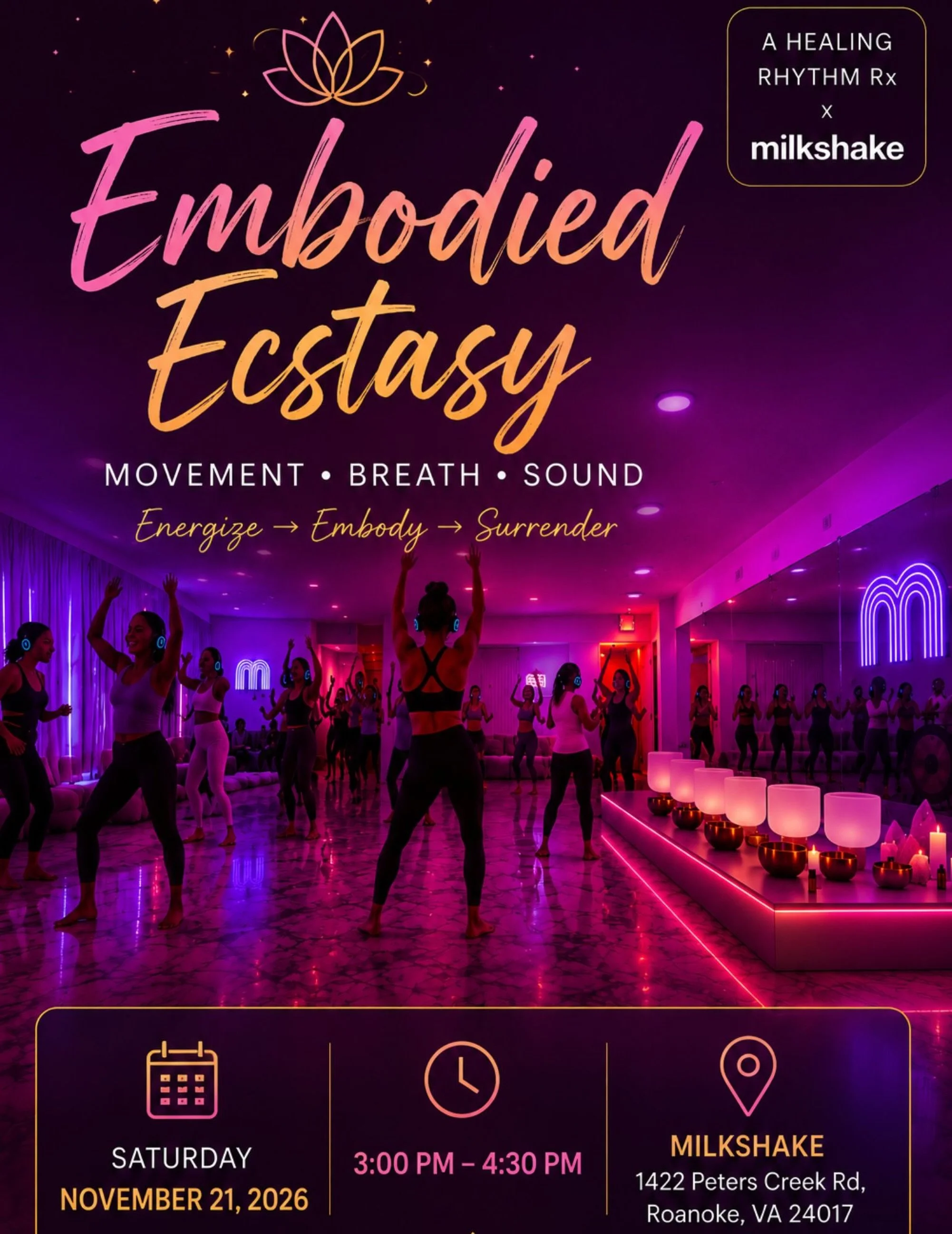 ✨ EMBODIED ECSTASY ✨
Breath &bull; Movement &bull; Dance &bull; Sound

What happens when breath becomes movement&hellip; movement becomes expression&hellip; and sound becomes surrender? 💫

Join me for a 90-minute multisensory journey designed to get