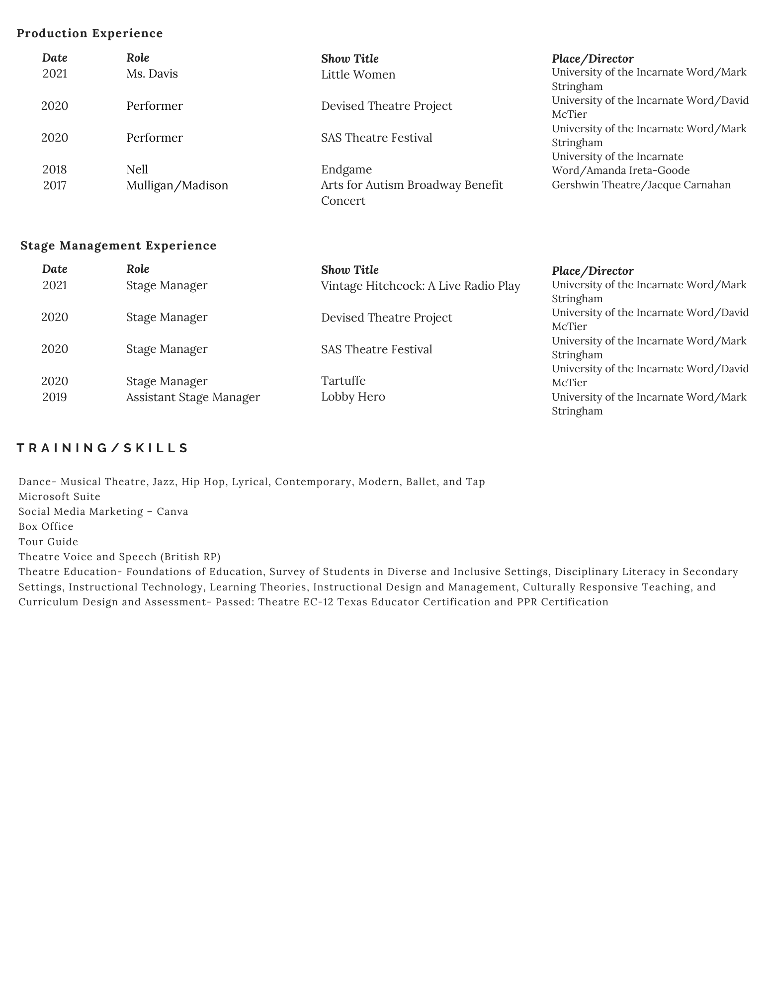 A resume detailing production and stage management experience, training, and skills, including roles, show titles, dates, and educational certifications.