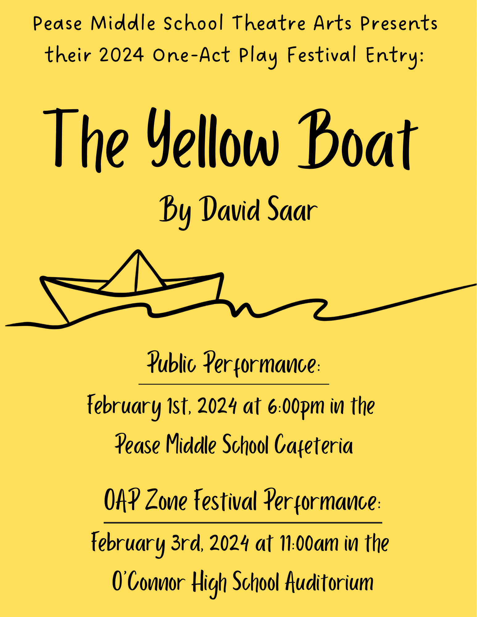 Yellow theater playbill for Pease Middle School's 2024 play "The Yellow Boat" by David Saar, with info about two performances on February 1st and 3rd, 2024, including locations and times.