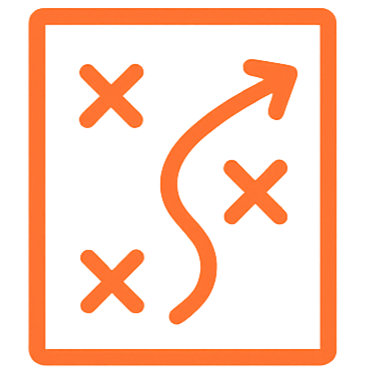 Illustration of a sports strategy or game plan with a red background, showing a winding path with arrows, and four 'X' marks to indicate positions or opponents.