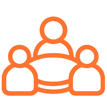An orange outline icon of three people sitting around a table, representing a meeting or discussion.