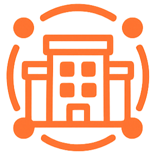 Icon of a building with multiple windows, surrounded by a circular dotted line with four dots on the circumference.