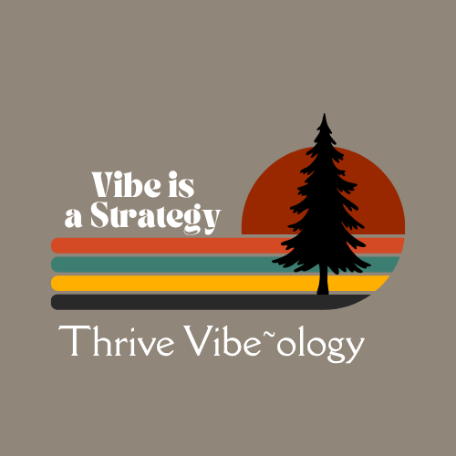 Thrive Vibe~ology logo with a blue curved line and a gold leaf icon, promoting the science of getting your energetic shift together.
