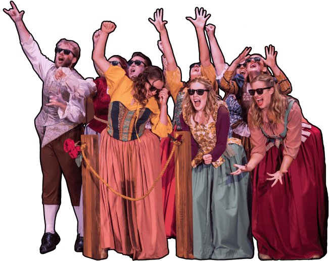 A group of people dressed in colorful period costumes celebrating on a stage with a black background.