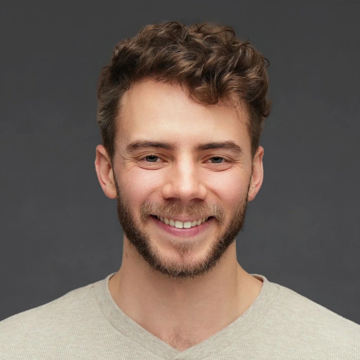 A close-up portrait of a young man with curly brown hair, blue eyes, and a beard, smiling against a plain gray background.