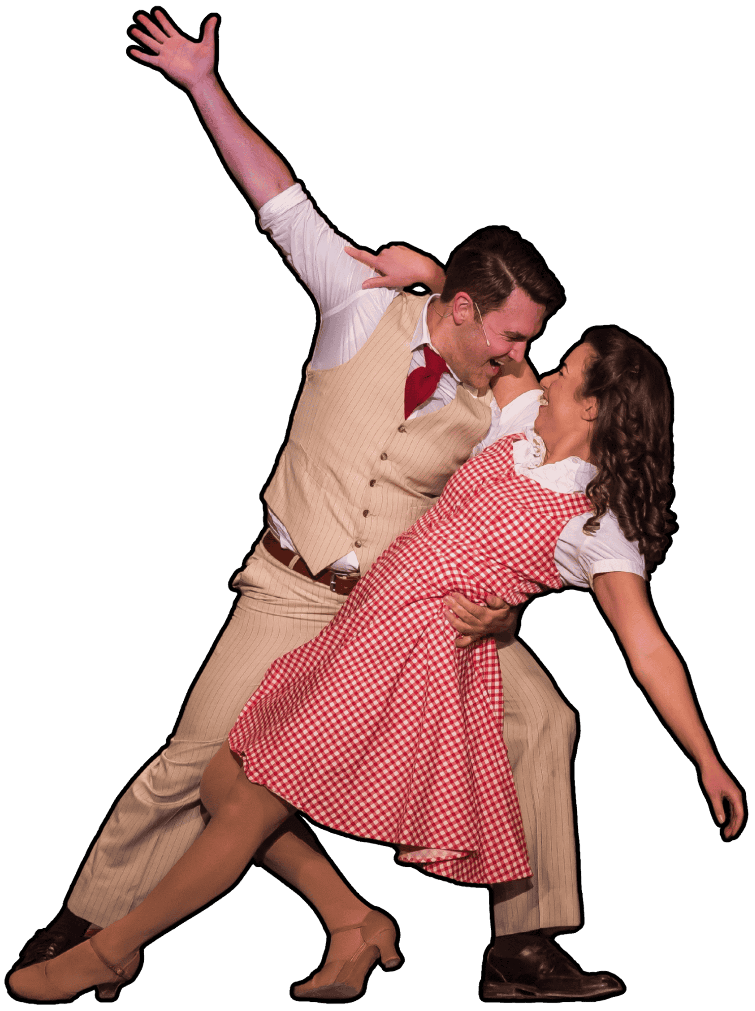 Two actors performing a dance, with the man holding the woman and looking at her, and the woman leaning back, both with their arms extended
