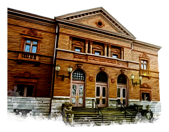 Historic stone building with a triangular pediment, ornate architectural details, arched and rectangular windows, and a set of stairs leading to a double door entrance.