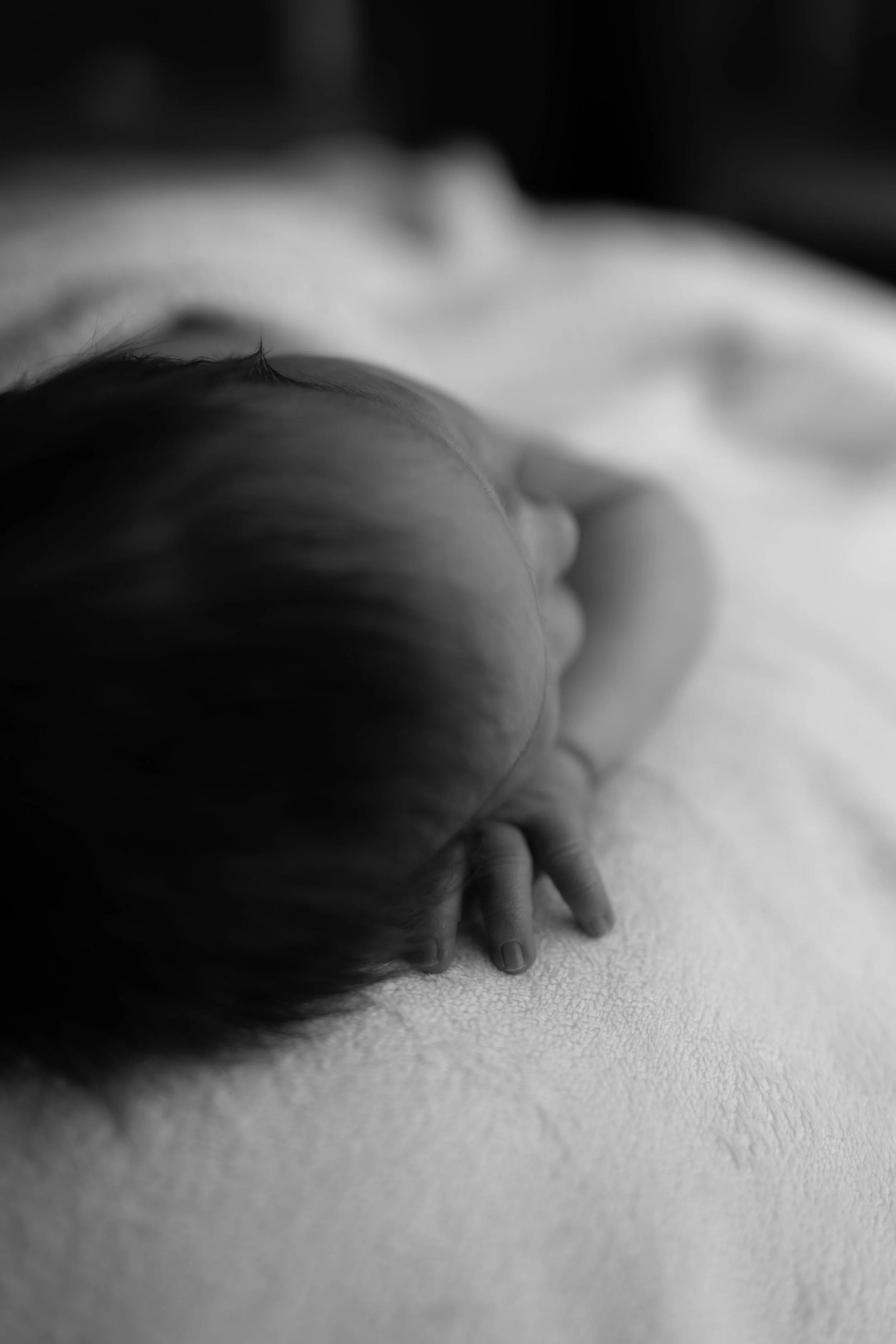 black and white close up of newborns hand during in home photoshoot 