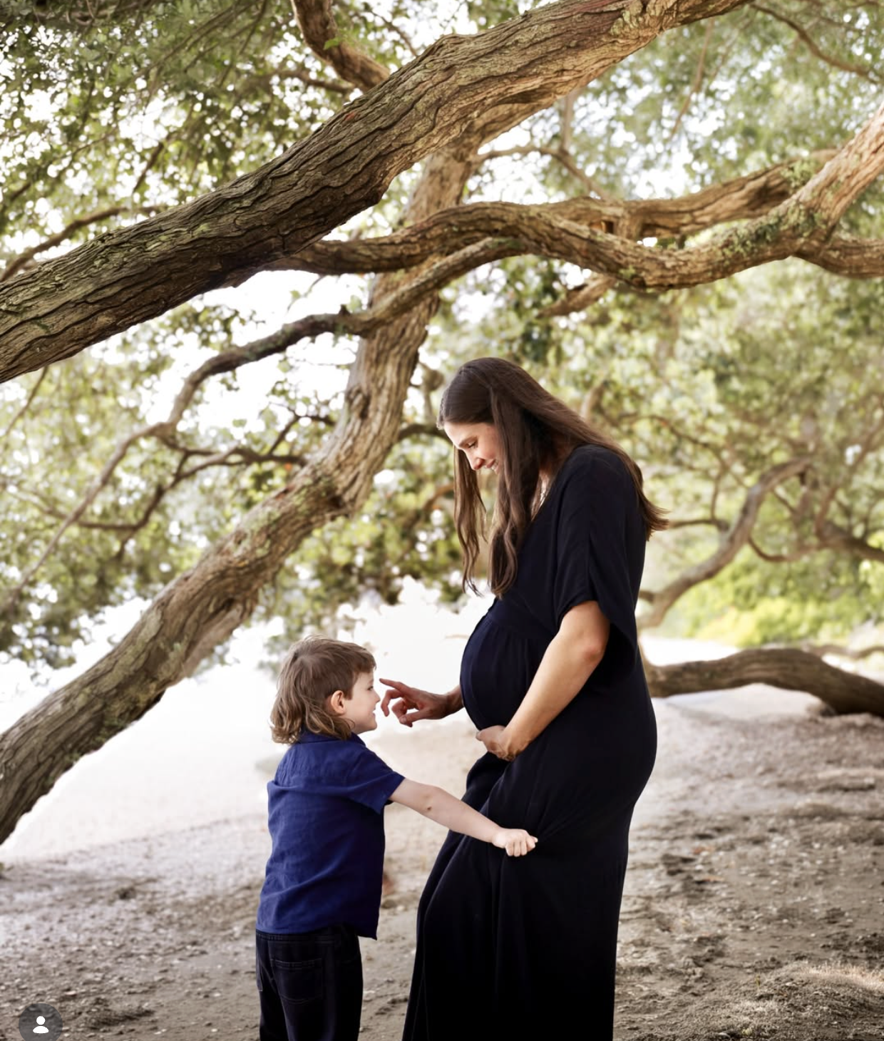 A pregnant woman and a young boy smiling and touching her belly under a large tree at the beach with hanging branches.