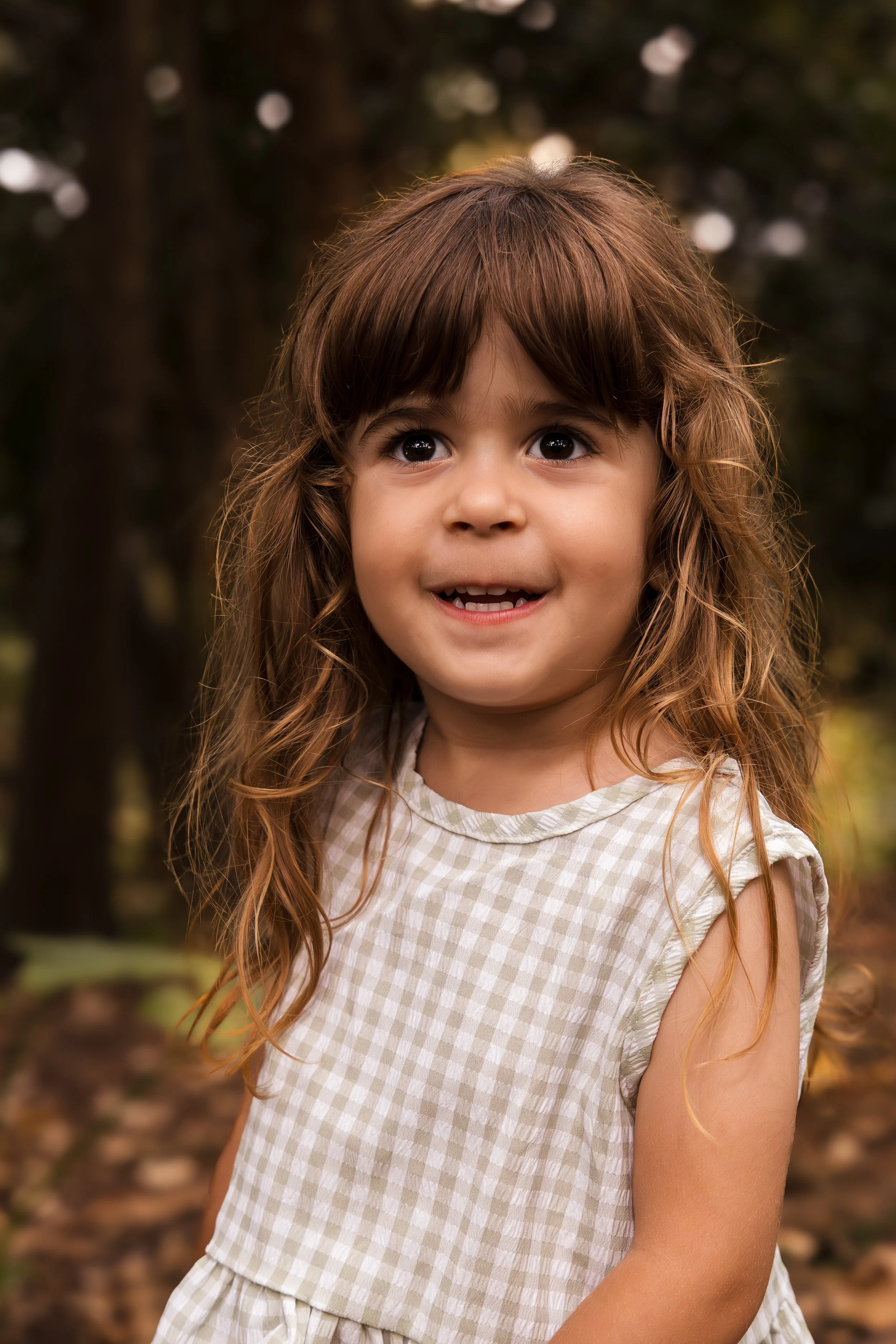 A young girl with long, curly brown hair and big brown eyes, wearing a light-colored, checkered dress, standing outdoors in a wooded area.