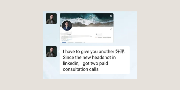 Screenshot of a client message sharing that he received two paid consultation calls after updating his professional portrait.